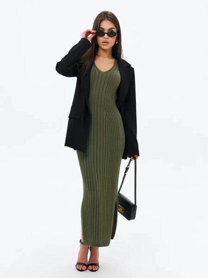 Olivea Midi Dress by Lauven, featuring ribbed knit design in khaki green, styled with a black blazer and accessories.