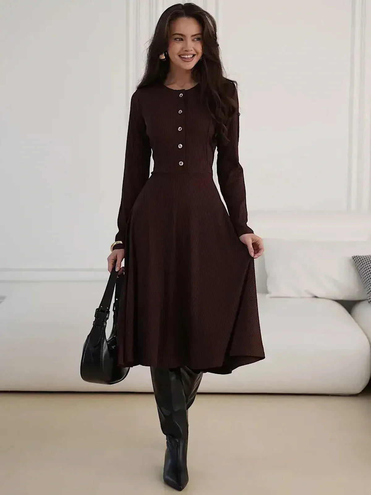 Elegant brown midi dress with button detailing and flattering fit, perfect for day-to-night wear.