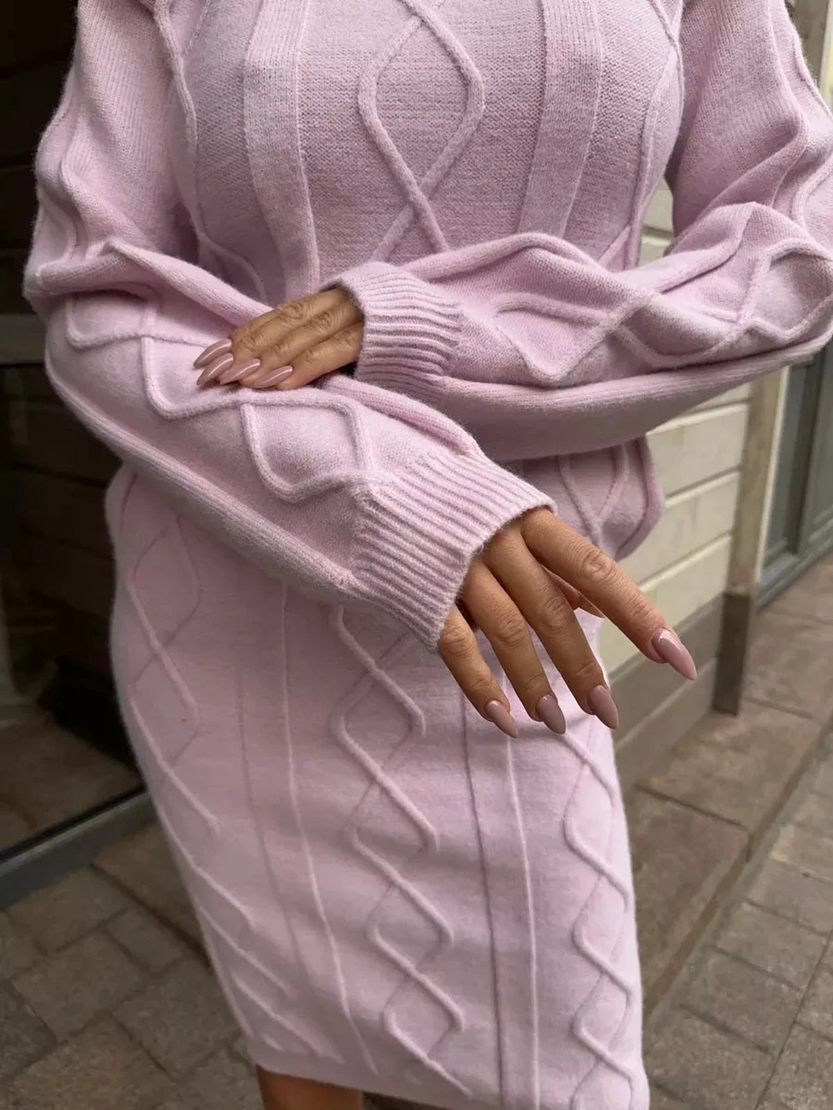 Luna Midi Dress by Lauven, textured knit sweater dress in soft flamingo pink, stylish and comfortable.