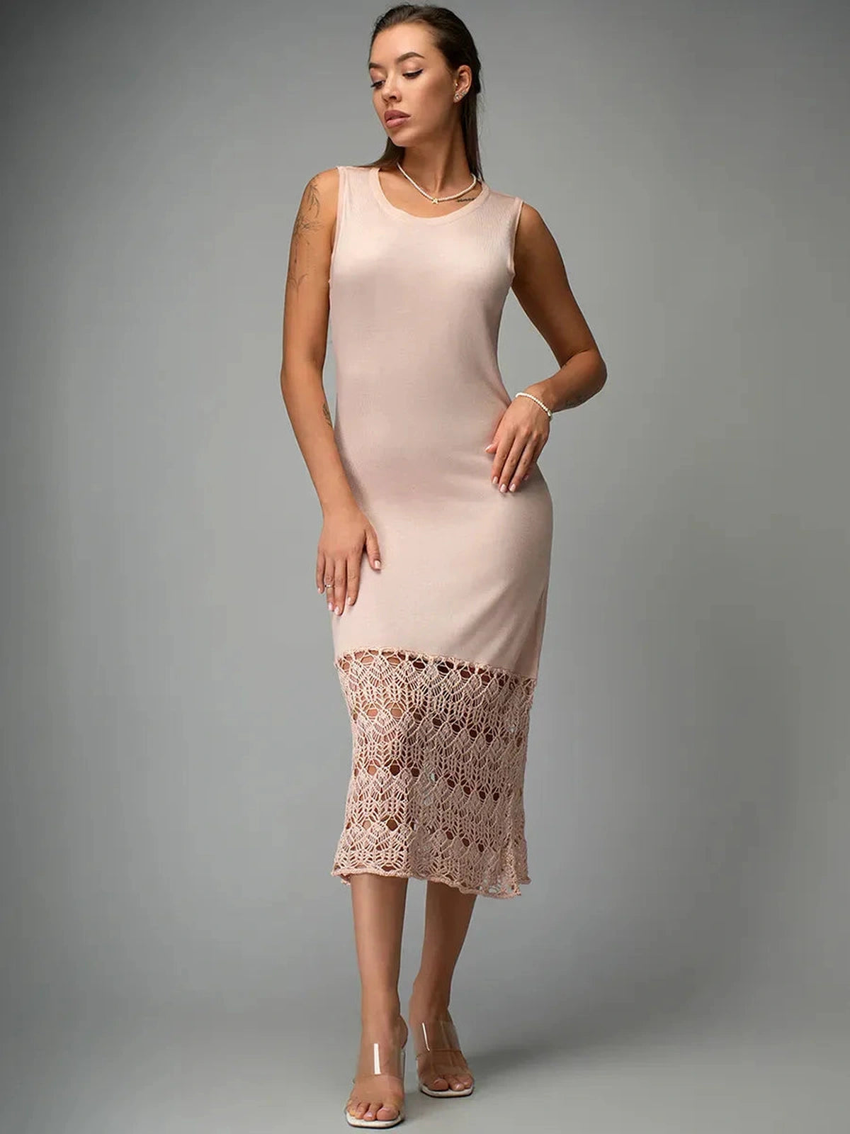 Elara Midi Dress by Lauven in beige knit with crochet detailing, perfect for warm days and elegant occasions.