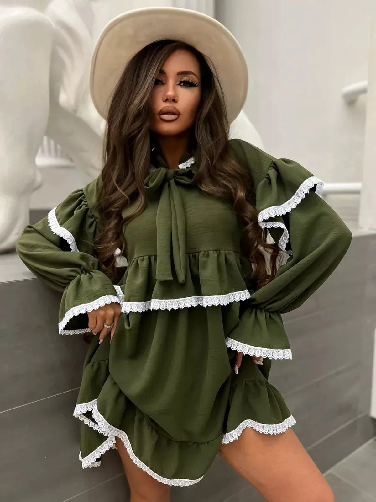 Olivea Mini Dress by Lauven featuring romantic ruffles and lace trim in khaki, perfect for chic comfort.