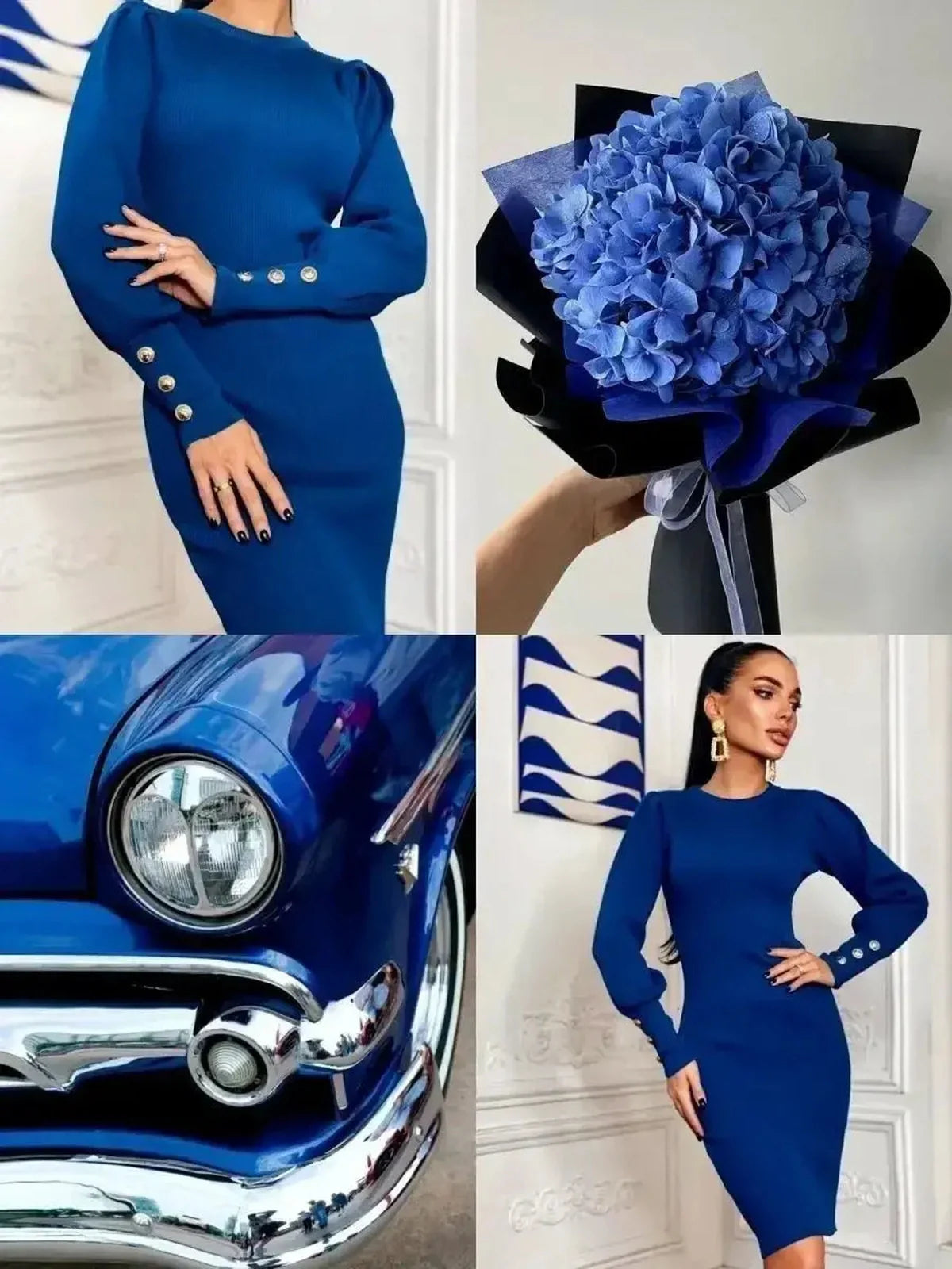 Blue Reign mini dress featuring structured puffed shoulders and gold-tone buttons, paired with blue accessories and decor.