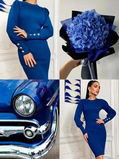 Blue Reign mini dress featuring structured puffed shoulders and gold-tone buttons, paired with blue accessories and decor.