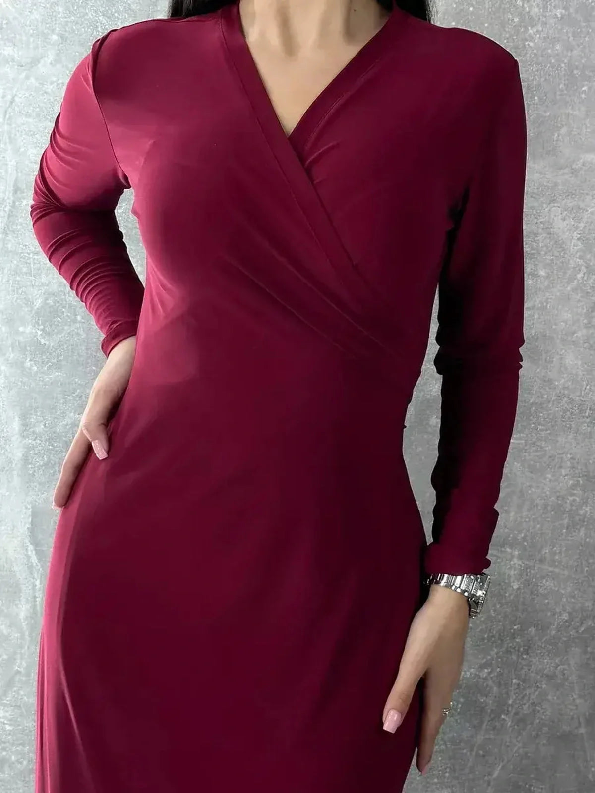 Crimson Grace Maxi Dress featuring elegant V-neck wrap silhouette and tailored fit in rich burgundy shade.