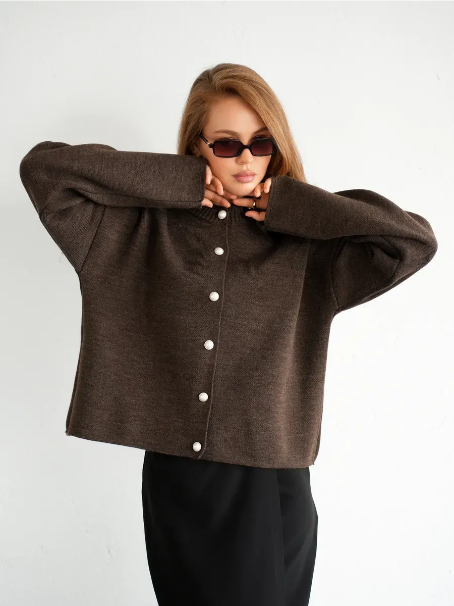 Cocoa Cardigan by Lauven, warm brown knitwear with button closure, ideal for school and office wear.