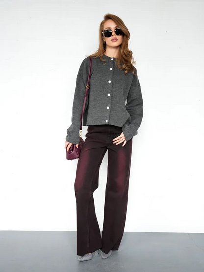 Asher Cardigan in warm graphite by Lauven, featuring button closure, styled with chic wide-leg pants and sunglasses.
