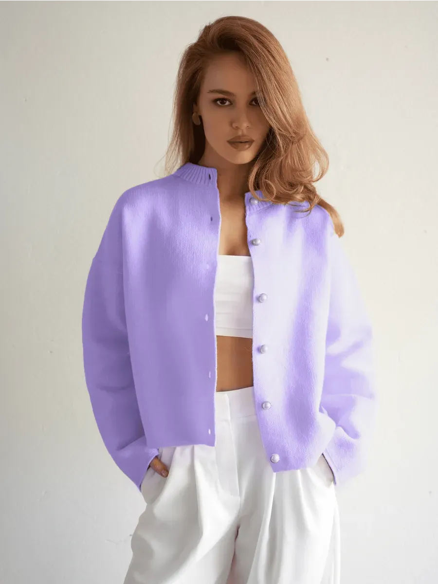 Lilac Cardigan by Lauven, cozy purple knitwear with button closure, perfect for school and office wear.