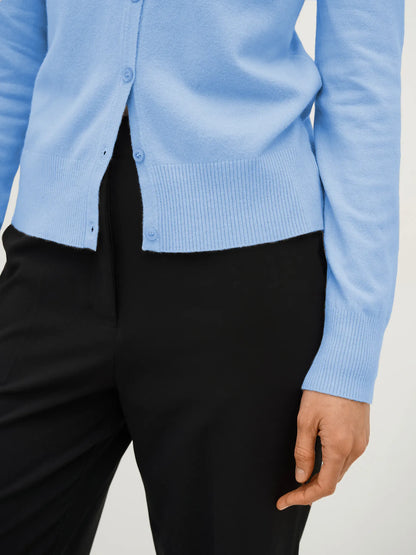 Celeste Cardigan by Lauven, lightweight blue knitwear featuring button closure and flattering fit.