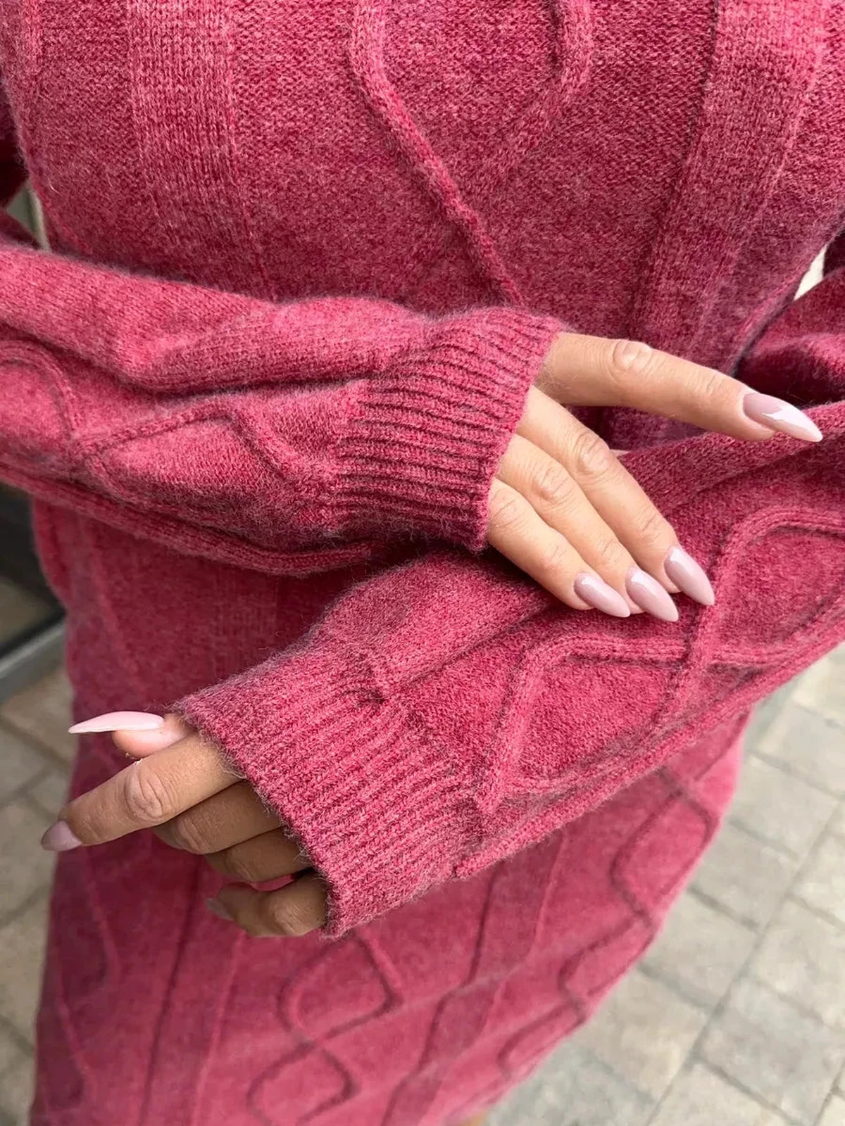 Berry Midi Dress by Lauven featuring elegant textured knit sleeves in rich berry color.