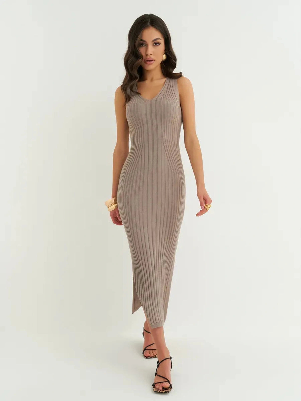 Mocha Midi Dress by Lauven - Sleeveless ribbed knit dress in cappuccino with V-neckline and side slits.