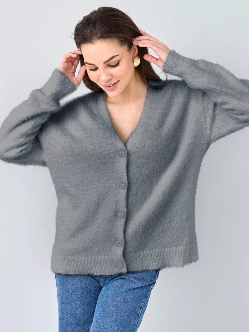 Graphite Cardigan by Lauven — Soft gray oversized plush knitwear with button closure for modern women.