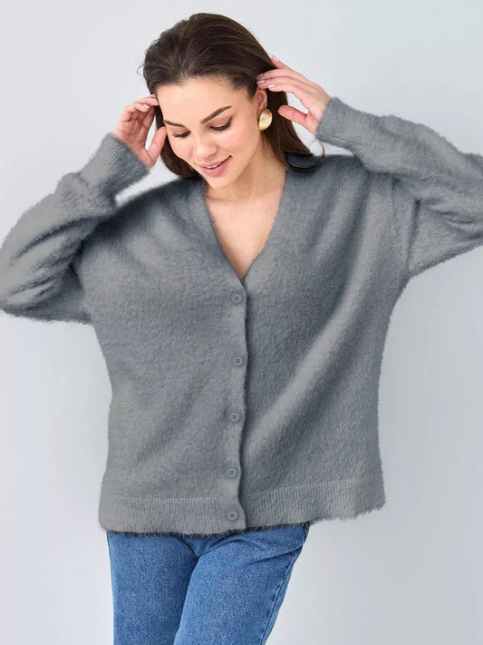Graphite Cardigan by Lauven — Soft gray oversized plush knitwear with button closure for modern women.