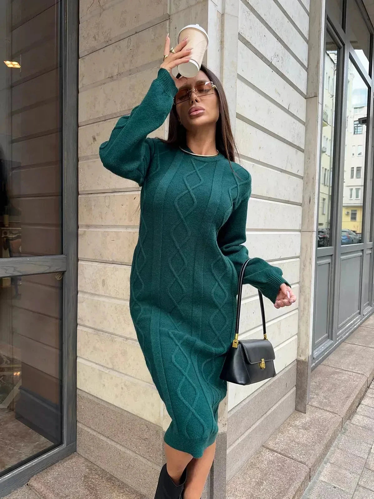Selene Midi Dress by Lauven in emerald textured knit, showcasing elegance and comfort perfect for fall.