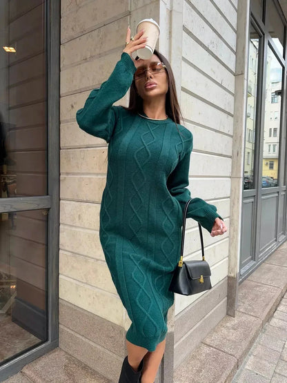 Selene Midi Dress by Lauven in emerald textured knit, showcasing elegance and comfort perfect for fall.