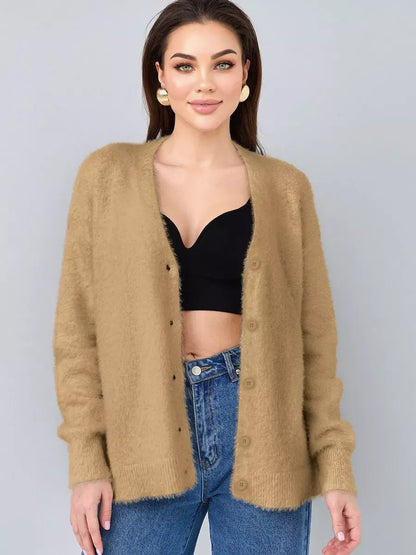 Camelia Cardigan by Lauven in plush camel oversized knitwear with button closure, perfect for stylish comfort.