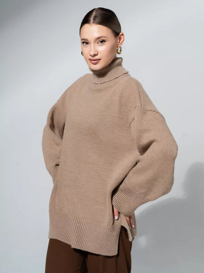 Capri Sweater by Lauven, oversized knitwear in warm cappuccino shade with turtleneck collar for effortless elegance.