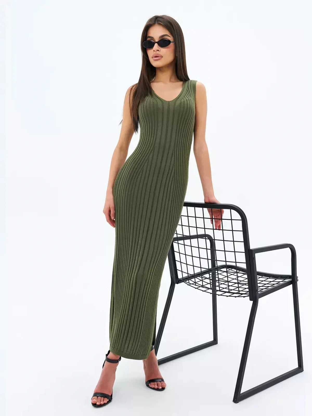 Olivea Midi Dress by Lauven, sleeveless ribbed knit dress in khaki green with side slit and minimalist design.