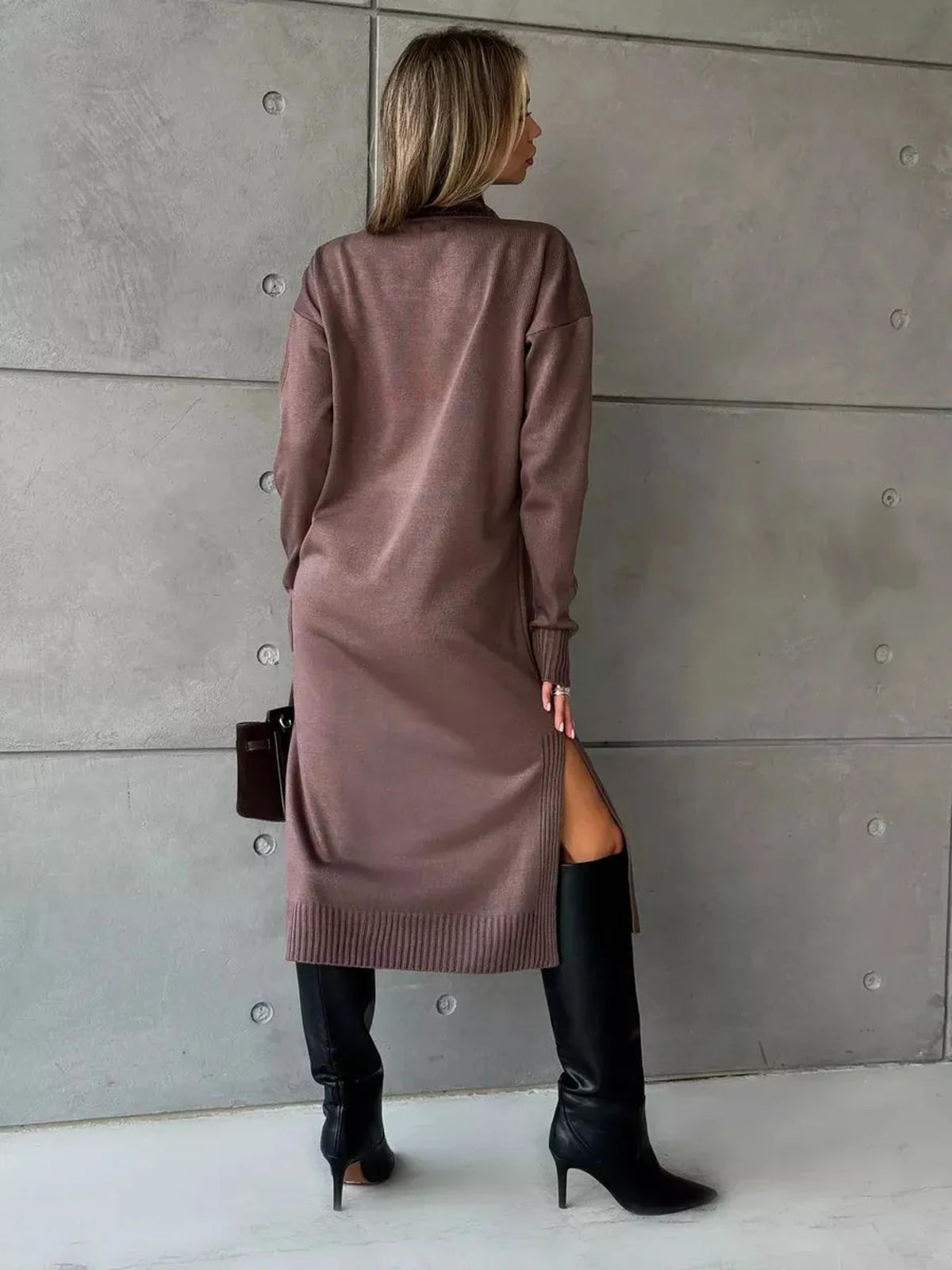 Noirra Midi Dress by Lauven in cocoa brown, showcasing a high-neck collar and side slit for modern sophistication.