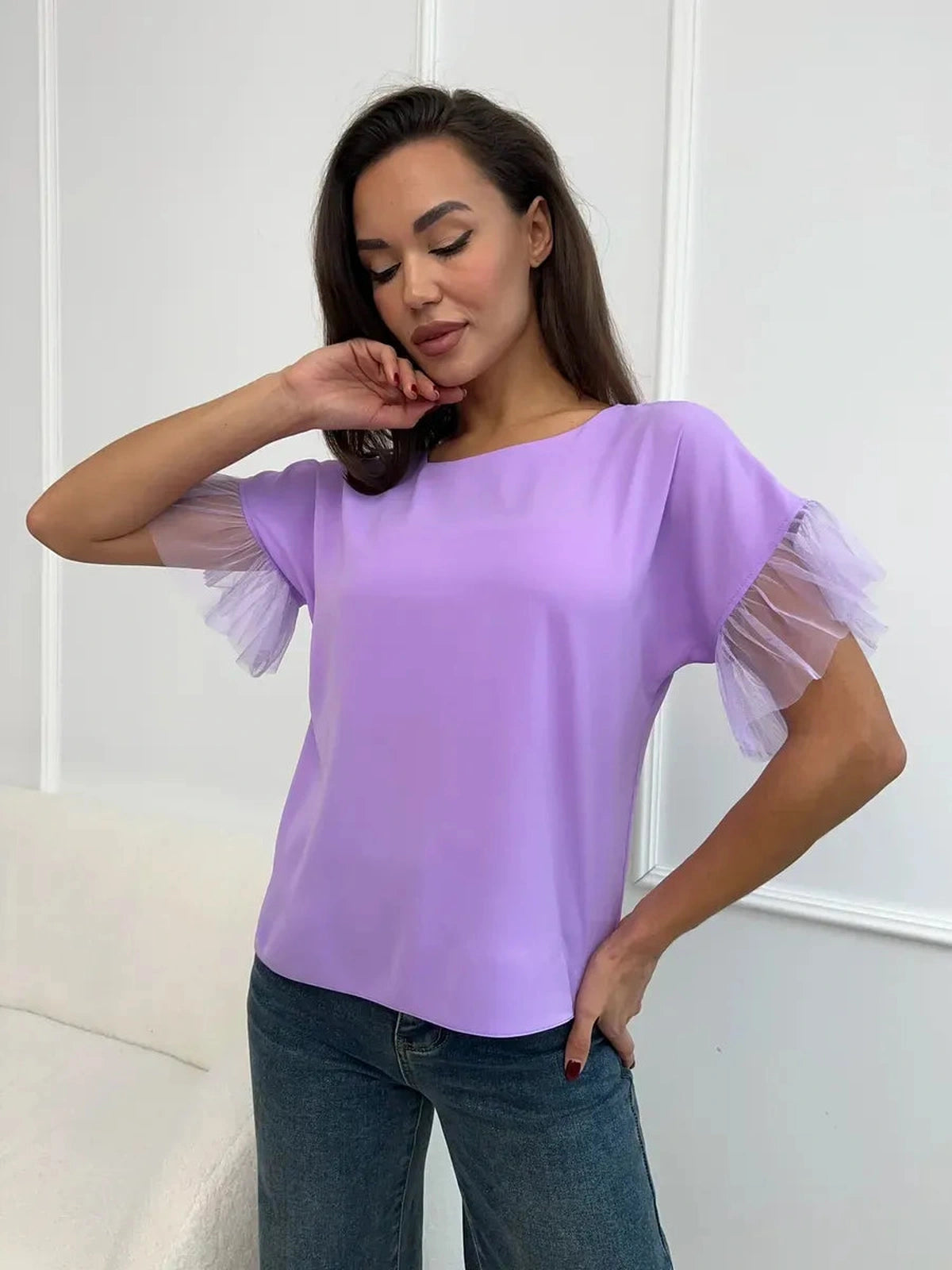 Lavande Blouse by Lauven, lilac short sleeve blouse with sheer ruffle detail, perfect for elegant and casual occasions.