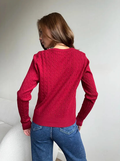Sienna Cardigan by Lauven, elegant dark red knit with button detailing, stylish back view.