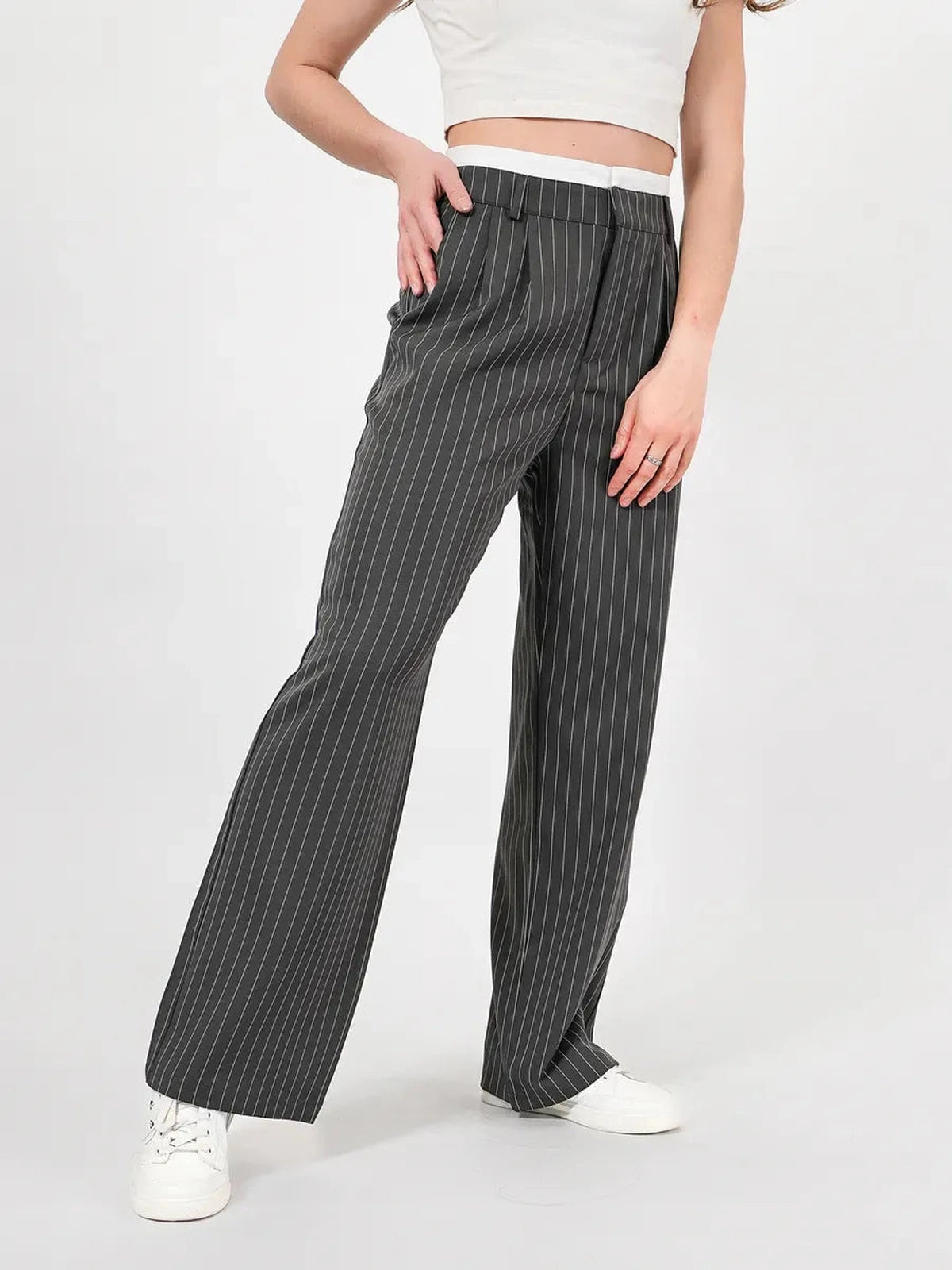 Luna Pants by Lauven, elegant high-waist wide-leg trousers with subtle pinstripe design in a sleek gray shade.