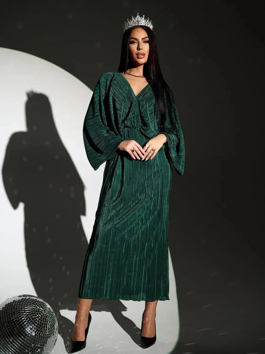 Astra Midi Dress by Lauven, emerald pleated dress featuring a flowing silhouette and V-neckline.