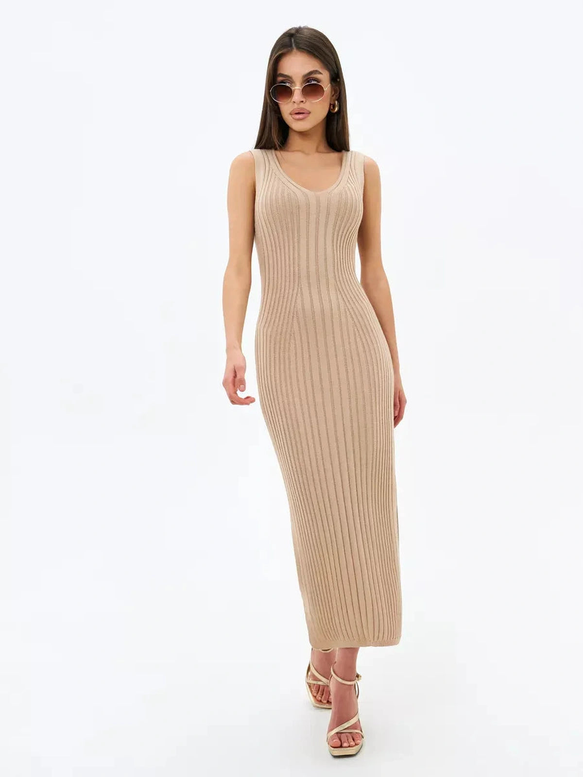 Sahara Midi Dress by Lauven - Sleeveless ribbed knit in beige for modern elegance.