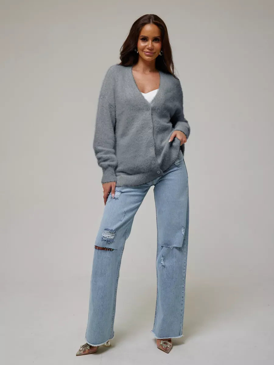 Graphite Cardigan by Lauven - Soft gray oversized plush knitwear with button closure for modern women.