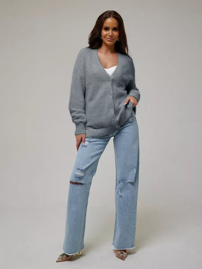 Graphite Cardigan by Lauven - Soft gray oversized plush knitwear with button closure for modern women.