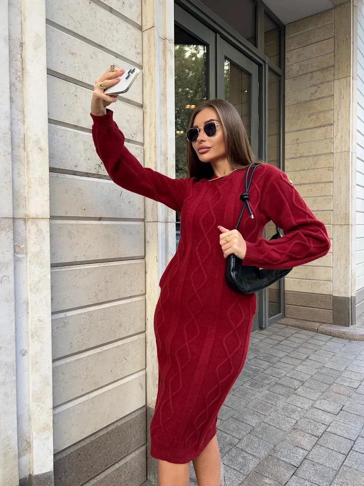 Crimson Midi Dress by Lauven, a stylish textured knit sweater dress in burgundy showcasing autumn elegance.