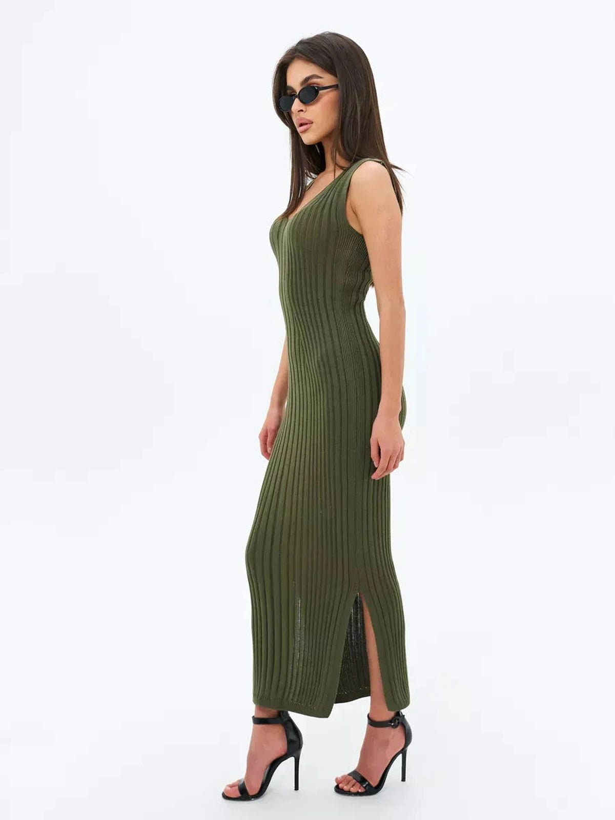 Olivea Midi Dress by Lauven in khaki green, showcasing a sleeveless ribbed knit design with side slit for added elegance.