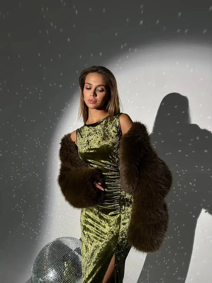 Olivia Maxi Dress by Lauven, elegant olive velvet with sculpted silhouette and fur shawl, perfect for formal events.