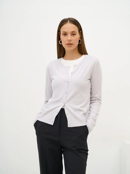 Luna Cardigan by Lauven, featuring a soft grey knit with classic button closure, perfect for stylish layering.