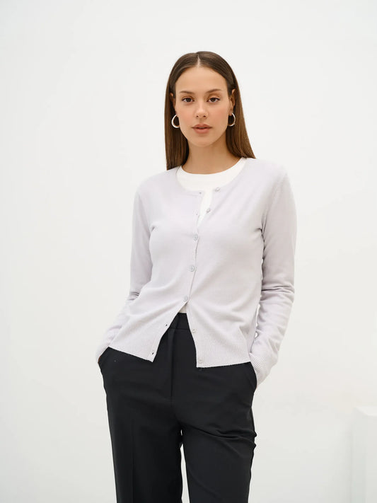 Luna Cardigan by Lauven, featuring a soft grey knit with classic button closure, perfect for stylish layering.