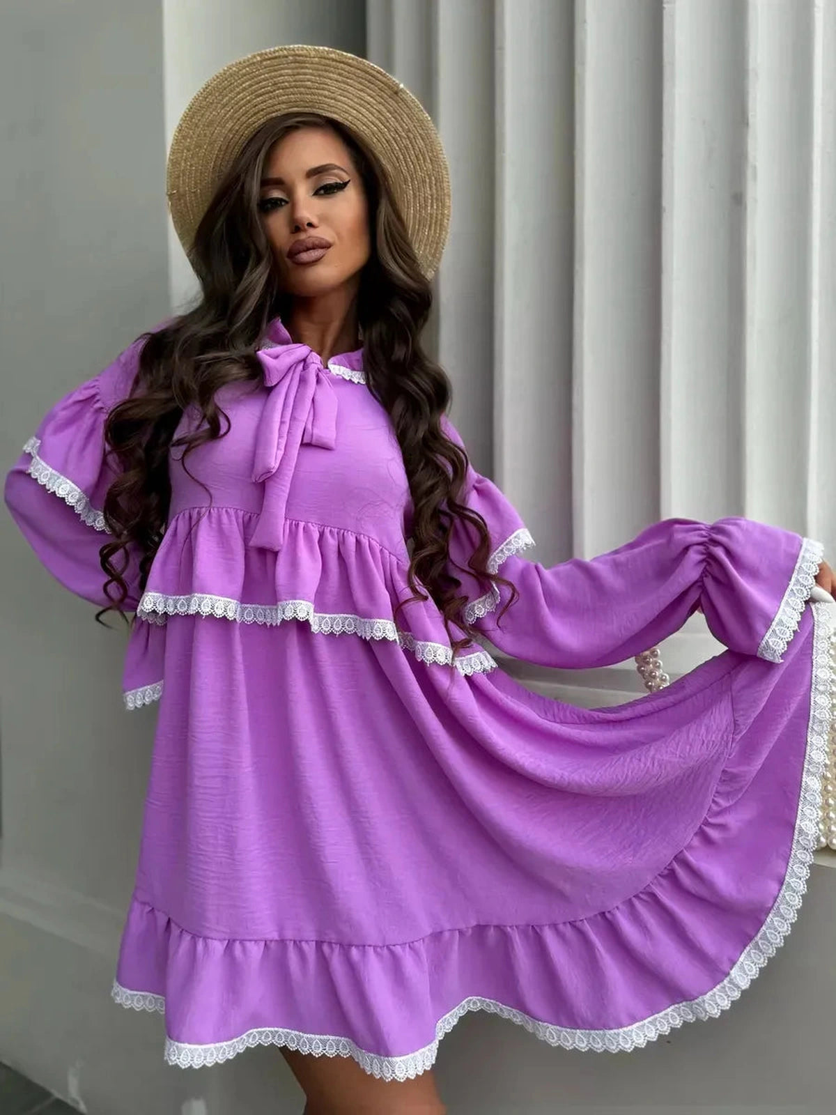 Violetta Mini Dress from Lauven featuring delicate lace and flowing ruffles in lilac, perfect for a chic, stylish look.