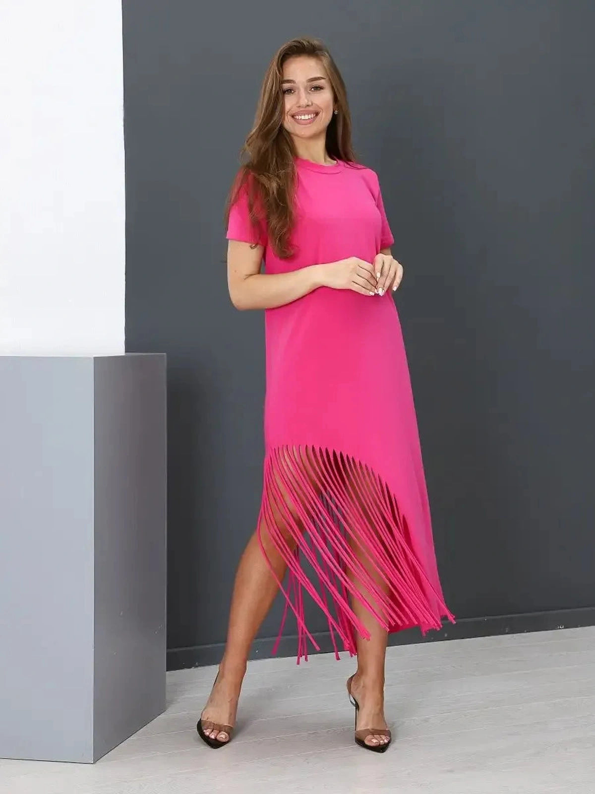 Capri Midi Dress by Lauven: Fuchsia cotton jersey dress with fringe hem for elegant style.