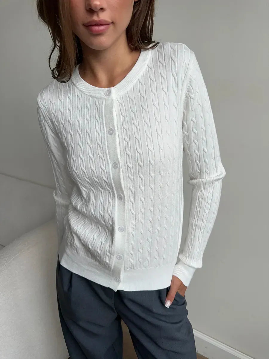 Ivory Cardigan by Lauven, lightweight cable knit viscose blend sweater showcasing a stylish and comfortable fit.