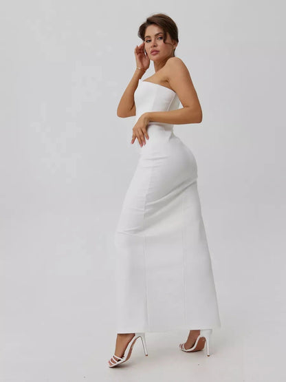 Lunaria Maxi Dress by Lauven showcasing minimalist elegance and a sculpted fit with a chic front slit.