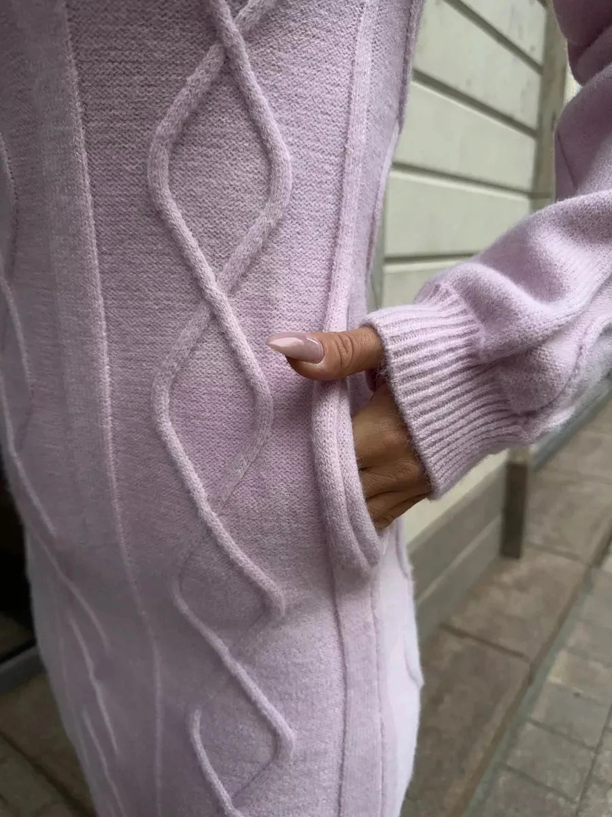 Luna Midi Dress textured knit sweater dress in soft pink with stylish side pockets by Lauven.