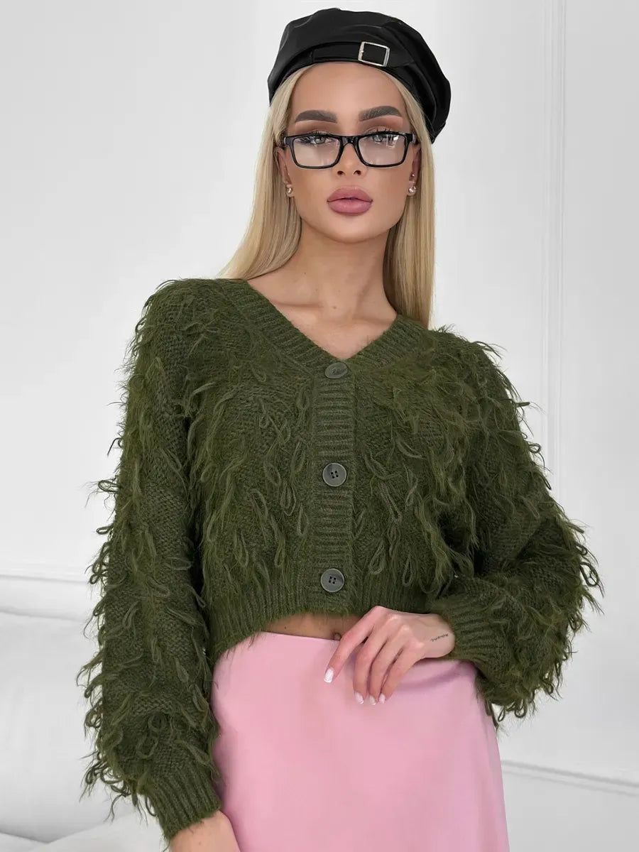 Olive Cardigan by Lauven featuring a cropped oversized design with feathered fringe and a V-neckline.