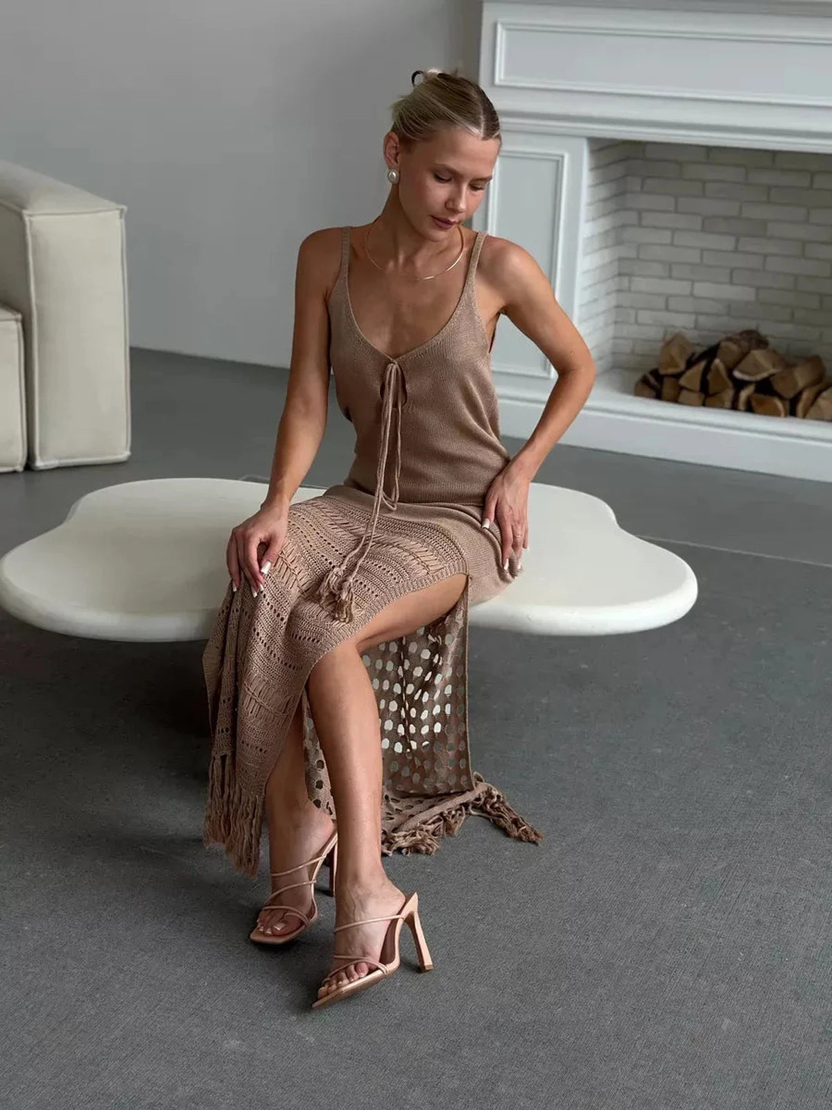 Calysta Maxi Dress by Lauven, showcasing soft knit texture with fringe hem and side slit for summer elegance.