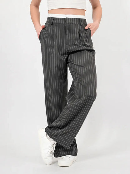 Lauven Luna Pants high-waist wide-leg trousers with subtle pinstripe pattern in gray, perfect for stylish office wear.