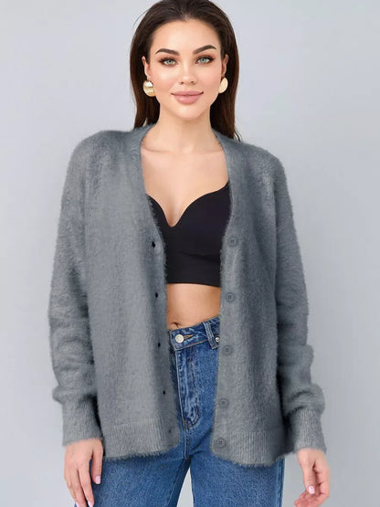 Graphite Cardigan by Lauven - Soft gray oversized plush knitwear with button closure in a stylish woman.