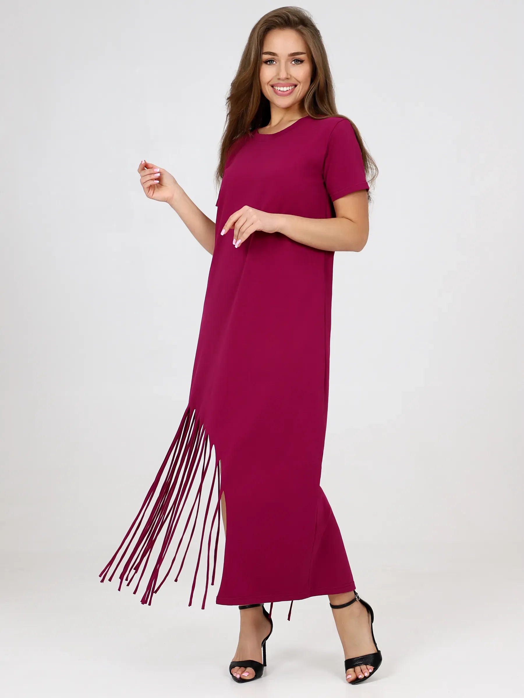 Riviera Midi Dress by Lauven, a cotton jersey dress with fringe hem and relaxed fit, perfect for casual elegance.
