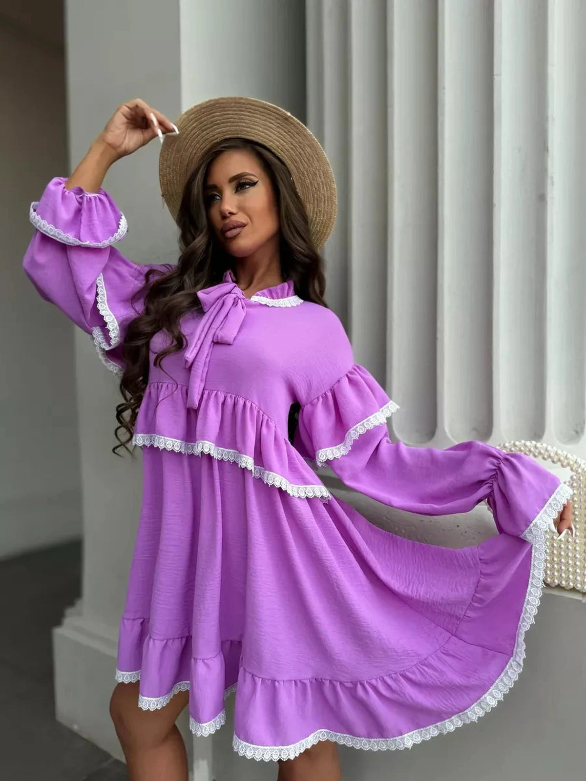 Violetta Mini Dress from Lauven featuring delicate lace and flowing ruffles in lilac for a stylish oversized silhouette.