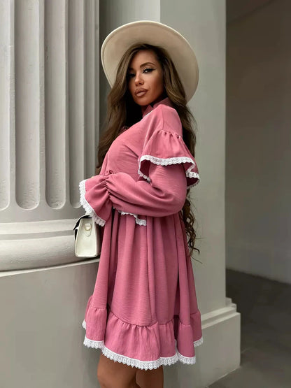 Rosea Mini Dress by Lauven in pink with elegant ruffles and lace detail, showcasing feminine sophistication.