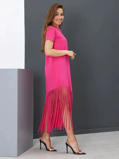 Capri Midi Dress by Lauven, fuchsia cotton jersey dress with fringe hem and elegant silhouette.