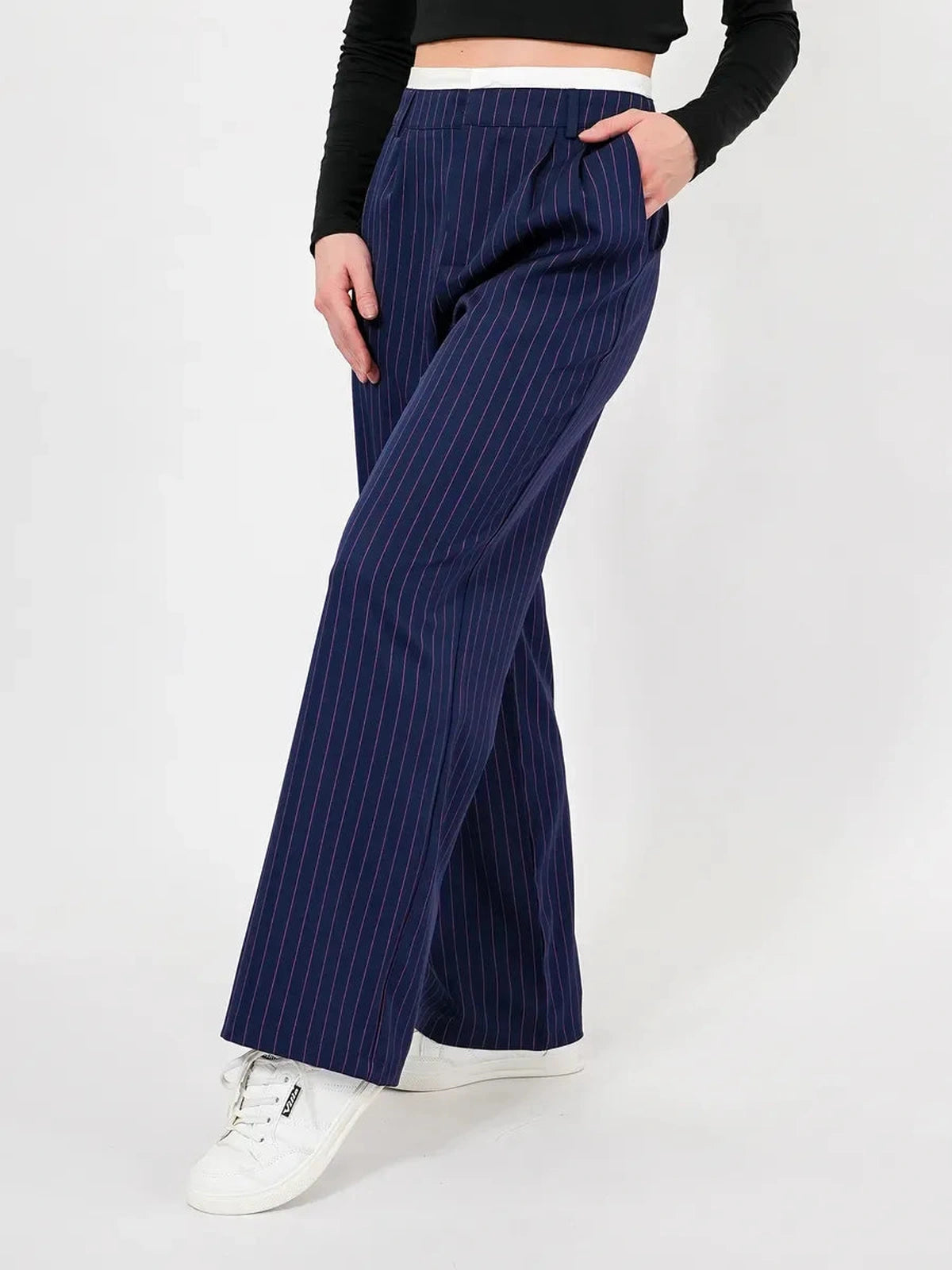 Aster Pants by Lauven, high-waist wide-leg trousers in navy with elegant pinstripes for a sophisticated look.