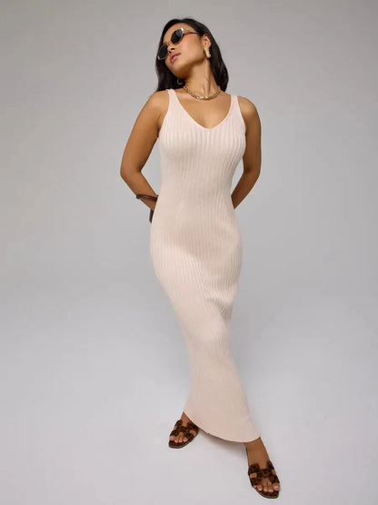 Rosette Maxi Dress by Lauven – Elegant beige ribbed knit dress perfect for spring and summer occasions.
