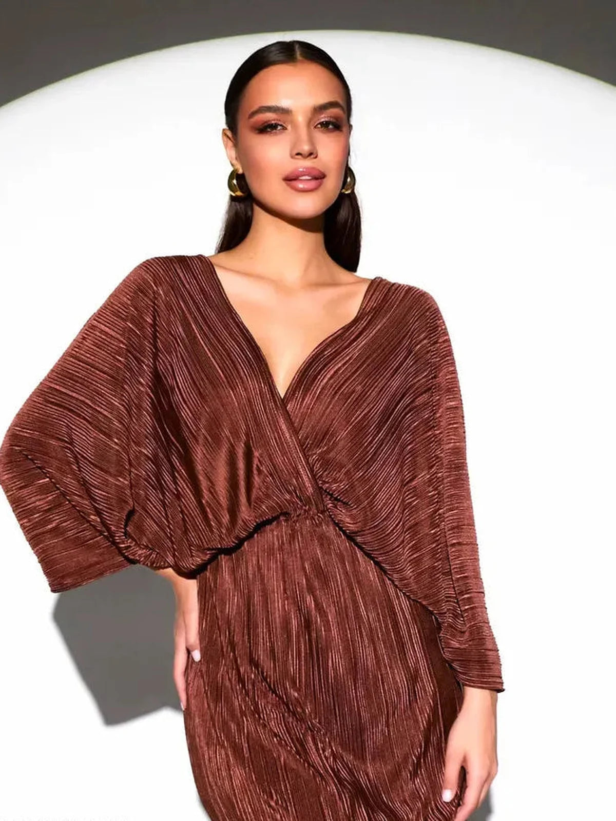 Vega Midi Dress by Lauven - Chocolate pleated dress featuring V-neckline and flowing kimono sleeves.